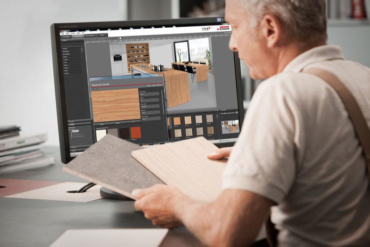 Abwägen von Holzmaterialien durch Tischler Abwägen von Holzmaterialien und Farben durch Tischler während einer 3D Küchenplanung
